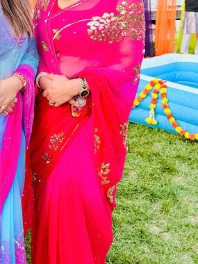Bright Red and Pink Embellished Saree